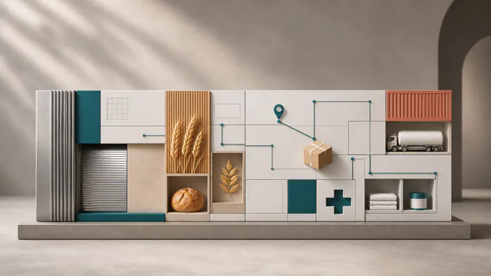 Industria, transporte, alimentación y servicios en una composición de diseño web