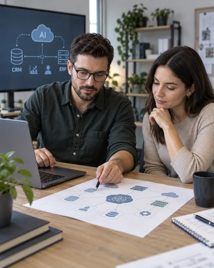 Datos y aplicaciones conectados en una automatización empresarial Imagen ilustrativa de datos y aplicaciones conectados en una automatización empresarial