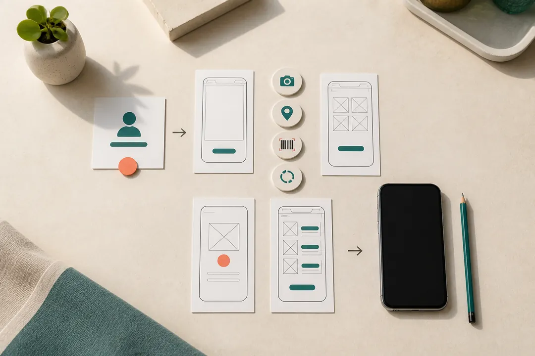 Prototipos de una aplicación móvil en papel junto a un teléfono