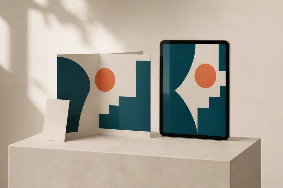 Diseño gráfico coordinado en un folleto y una tableta