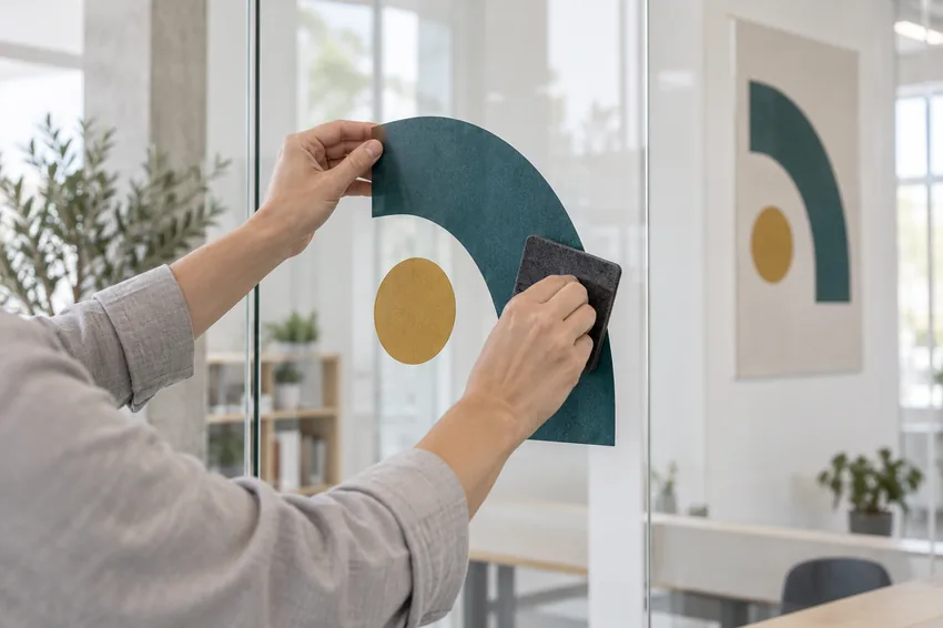 Ilustración de la aplicación de un vinilo gráfico sobre una superficie de cristal
