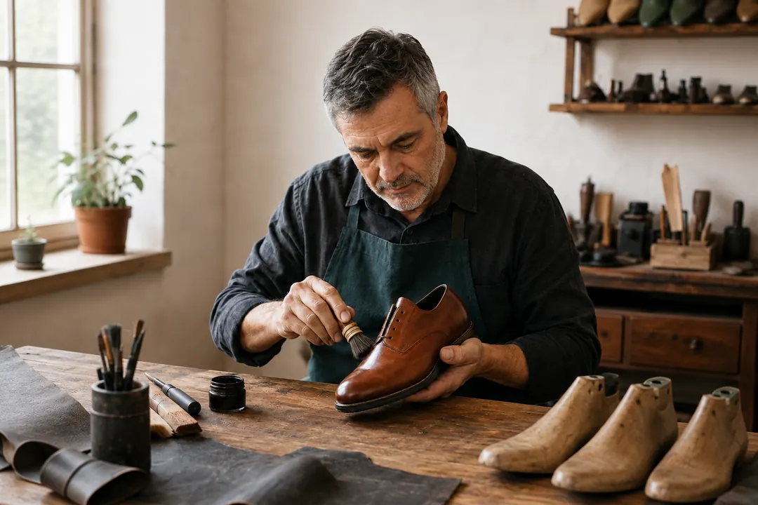 Artesano revisando el acabado de un zapato en un pequeño taller