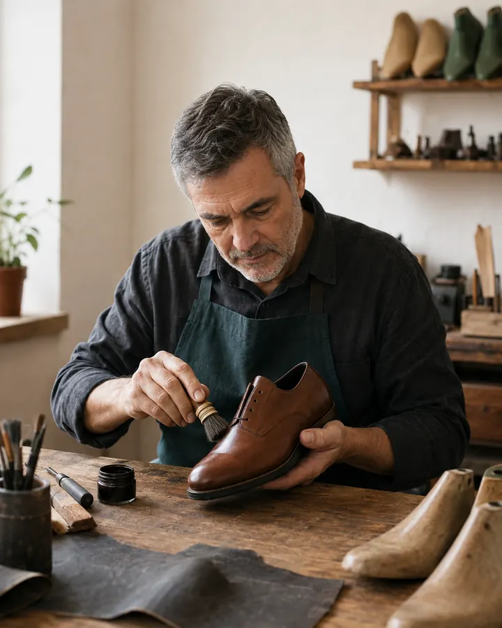 Artesano revisando el acabado de un zapato en un pequeño taller