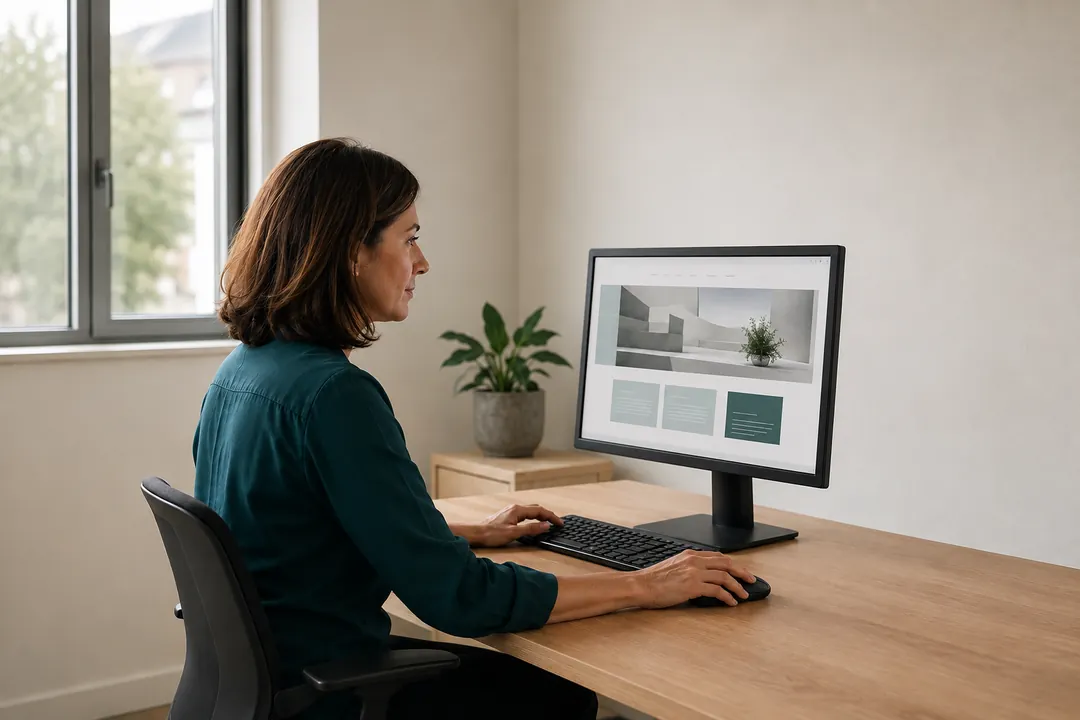 Profesional comprobando una página web corporativa en un monitor