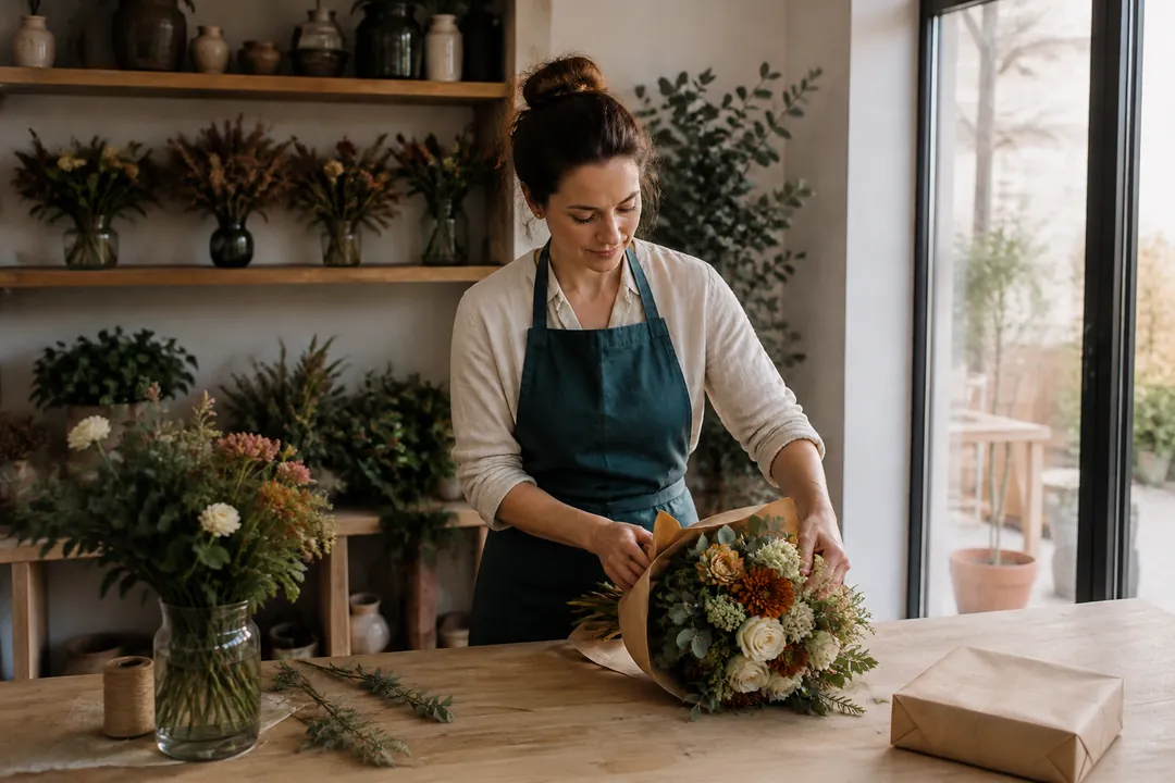 Ilustración de una florista preparando un pedido en un pequeño comercio
