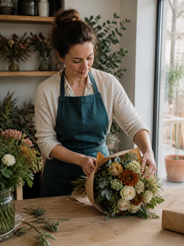 Ilustración de una florista preparando un pedido en un pequeño comercio