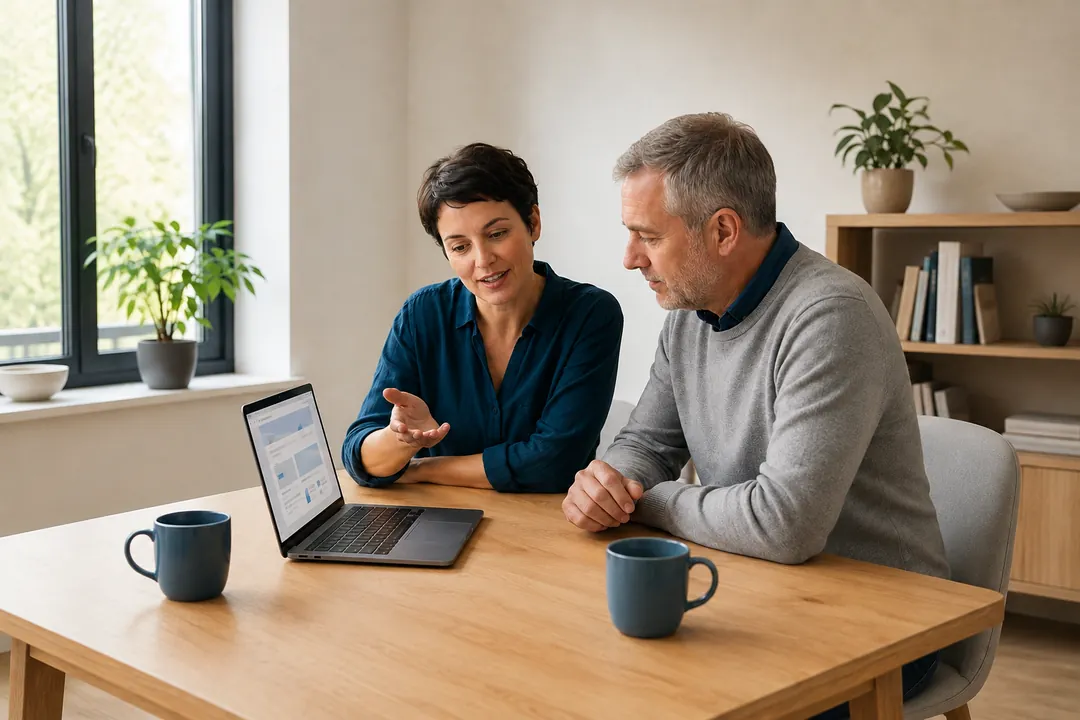 Dos profesionales comentando un plan de soporte web junto a un portátil