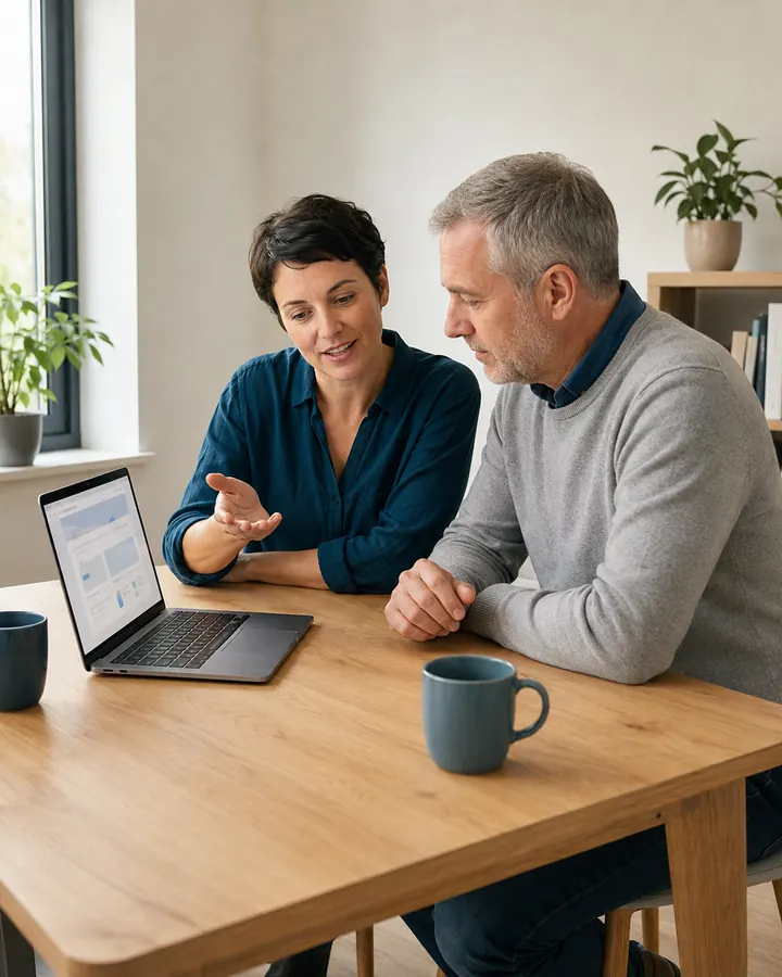 Dos profesionales revisando juntos un plan de soporte web en un portátil