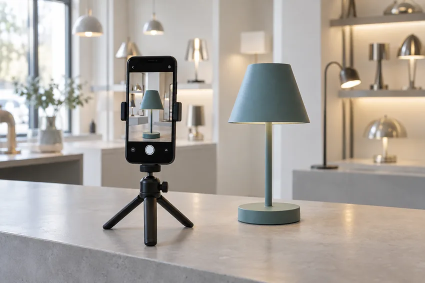 Ilustración de la fotografía de una lámpara con un teléfono móvil para preparar contenidos de marketing
