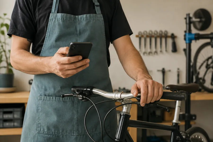 Profesional de un taller de bicicletas atendiendo una consulta desde el móvil