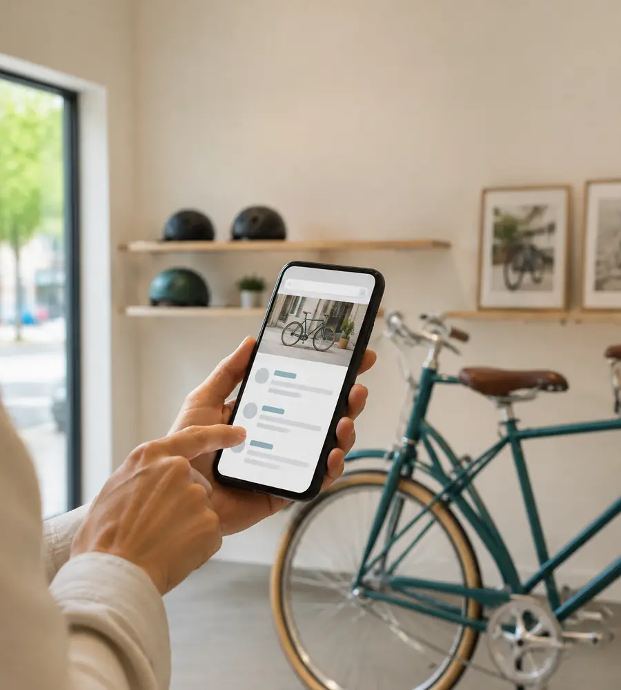 Consulta de servicios locales desde un teléfono en una tienda de bicicletas