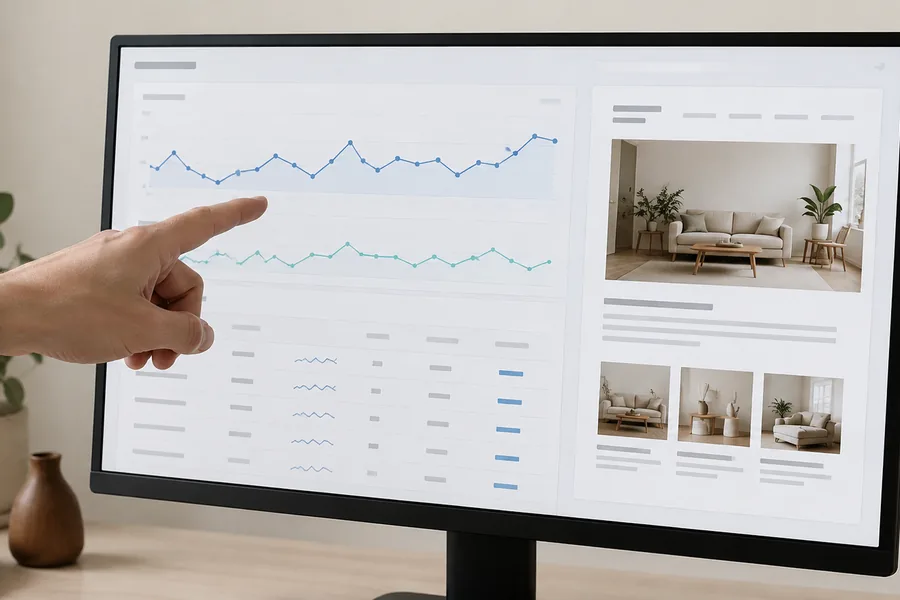 Revisión de un informe de búsquedas y una página web en un monitor