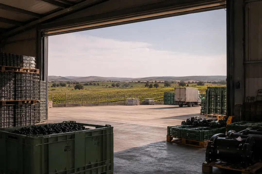 Ilustración de un almacén agroindustrial y su zona de expedición