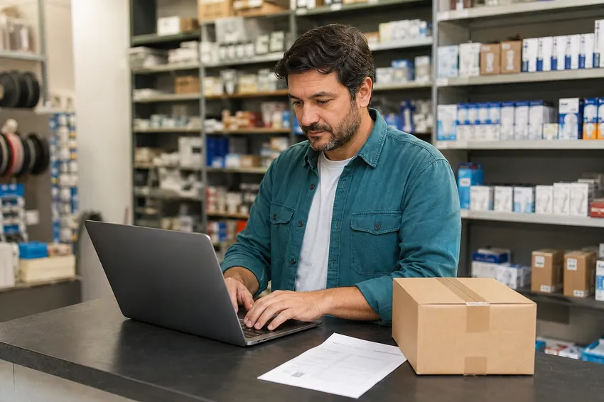 Responsable de un comercio revisando un pedido en su portátil