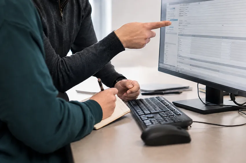 Dos personas revisando la configuración de un programa de facturación