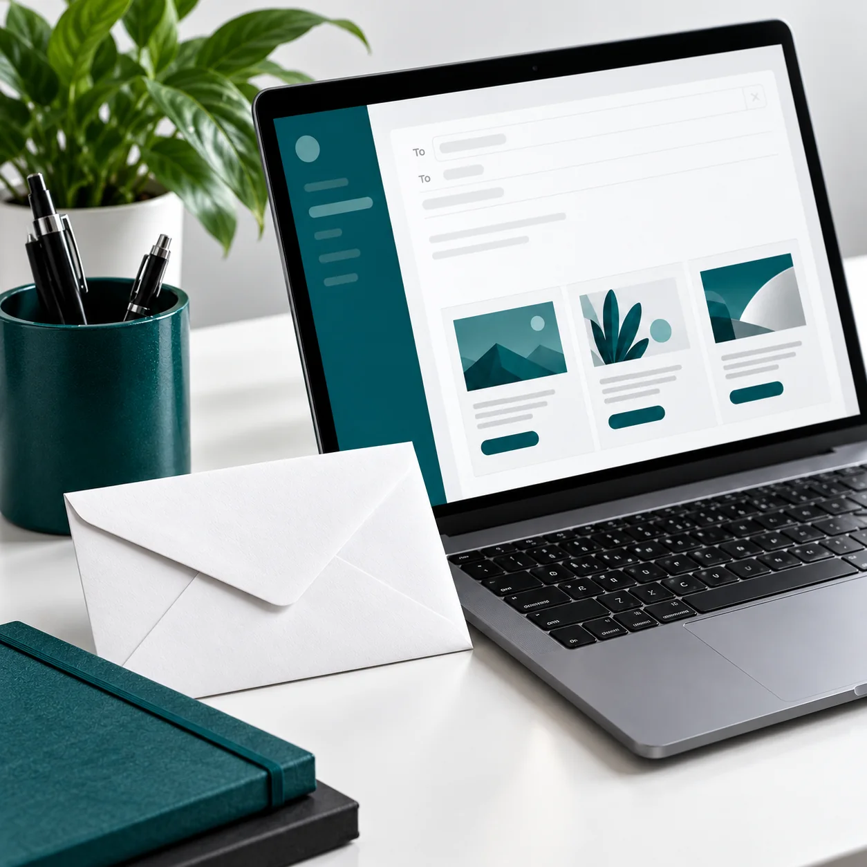 Preparación de comunicaciones por correo Portátil con un editor esquemático de correo y un sobre sobre una mesa de trabajo.