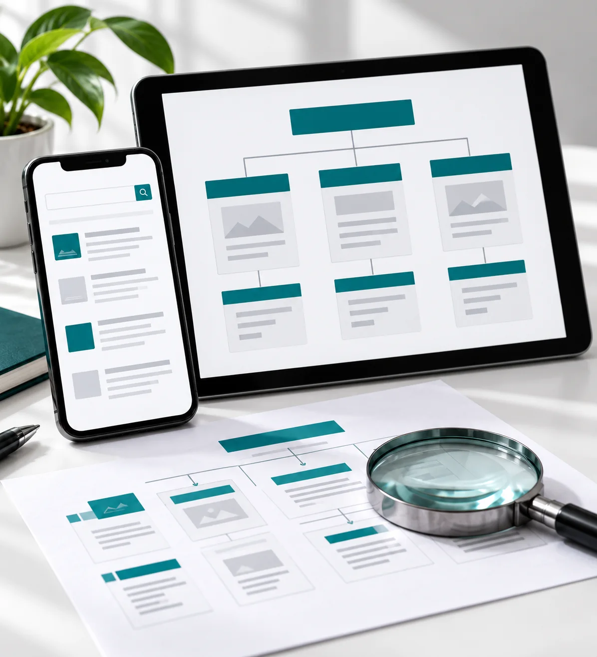 Análisis de la presencia de un negocio en buscadores Tableta con un esquema de páginas, móvil con resultados de búsqueda y documentación de análisis.