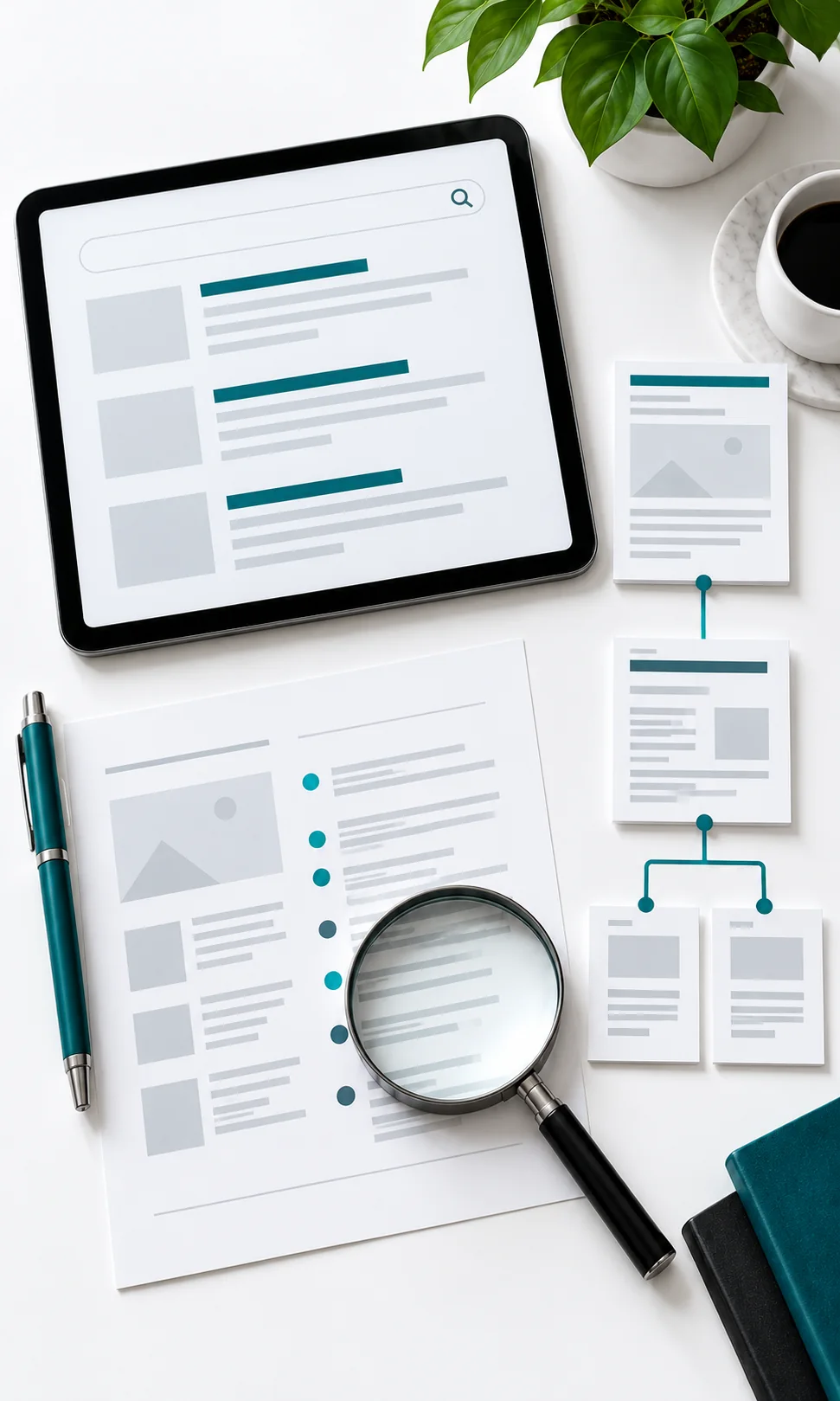 Plan de revisión y estructura SEO Tableta con resultados de búsqueda esquemáticos, una estructura de páginas y una lupa en una composición vertical.