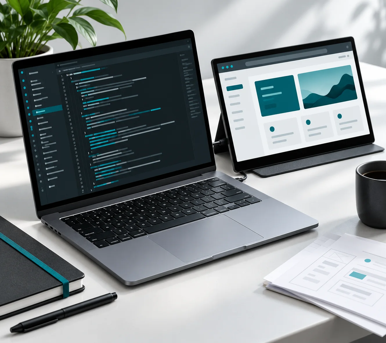 Desarrollo y revisión de aplicaciones web Portátil con un editor de código esquemático conectado a una pantalla con una interfaz web abstracta.