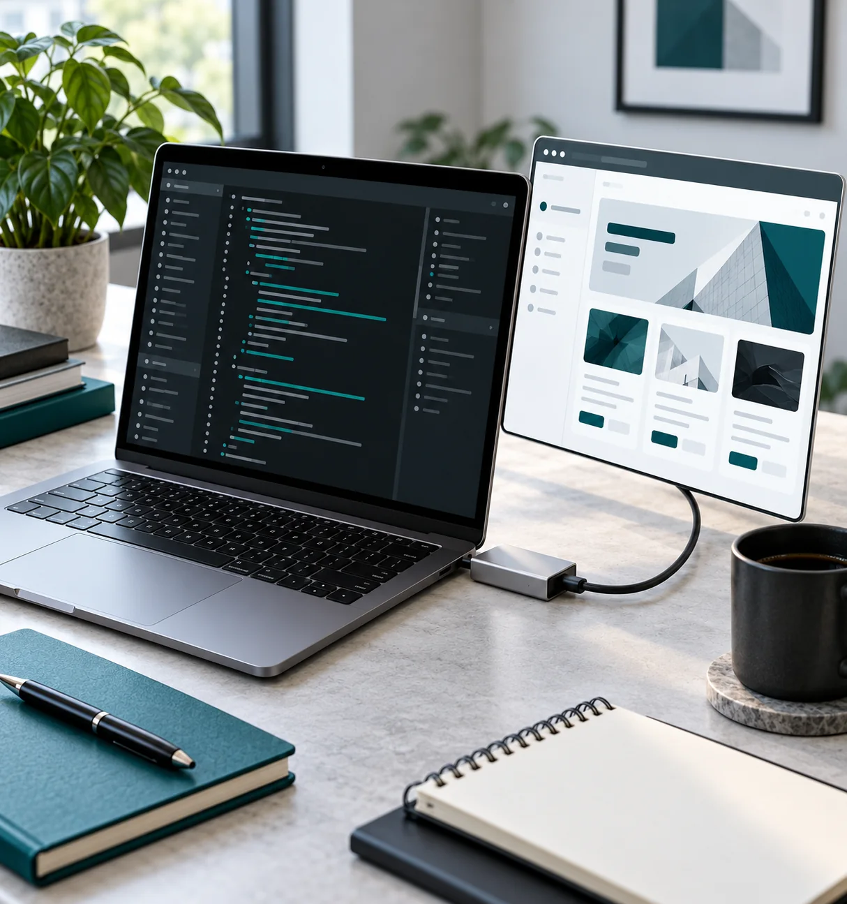 Construcción de una aplicación web Portátil con un editor de código abstracto junto a una pantalla de revisión de una aplicación web.