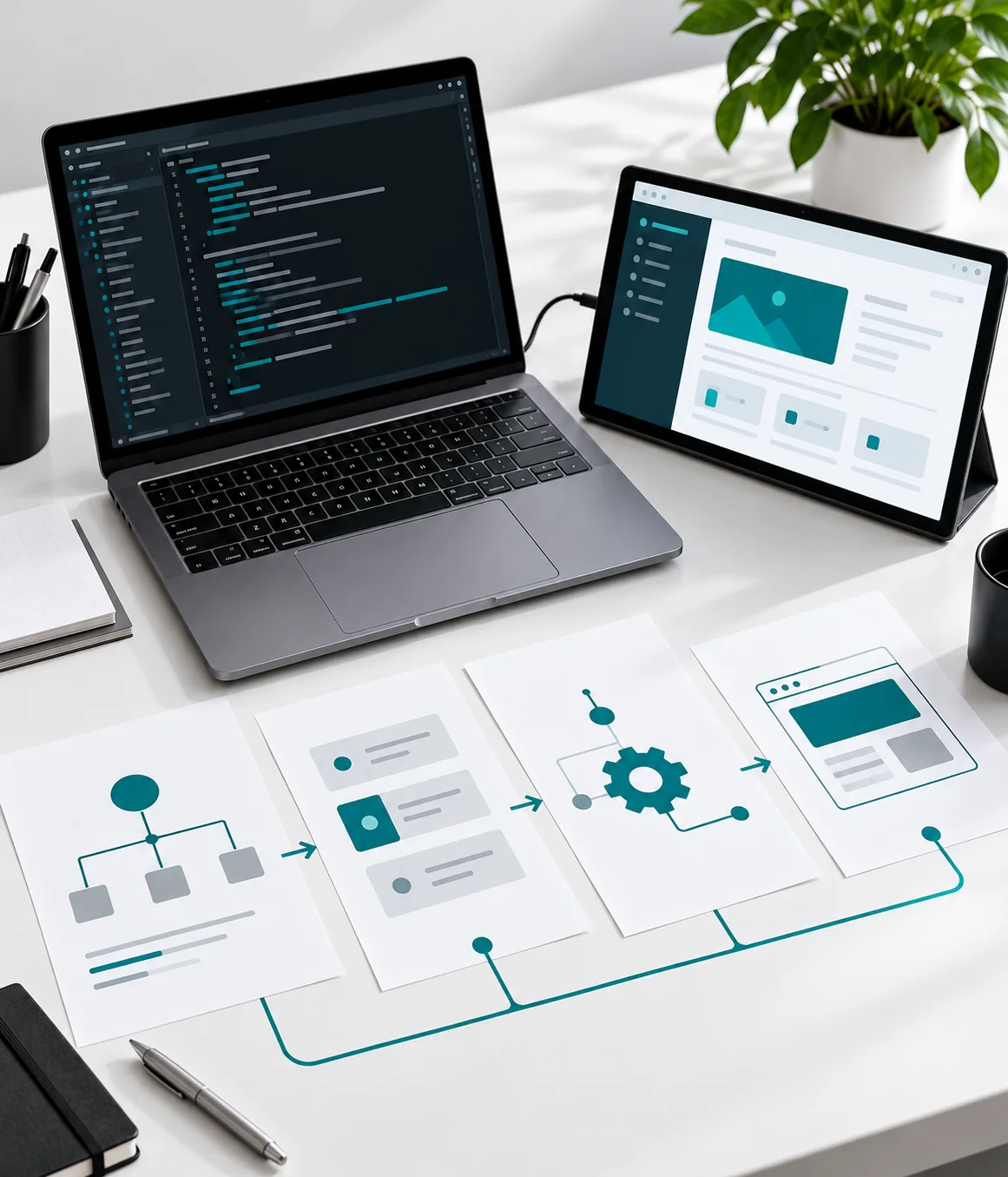 Fases de desarrollo y comprobación de una web Portátil con código esquemático, tableta y hojas de fases de desarrollo web.