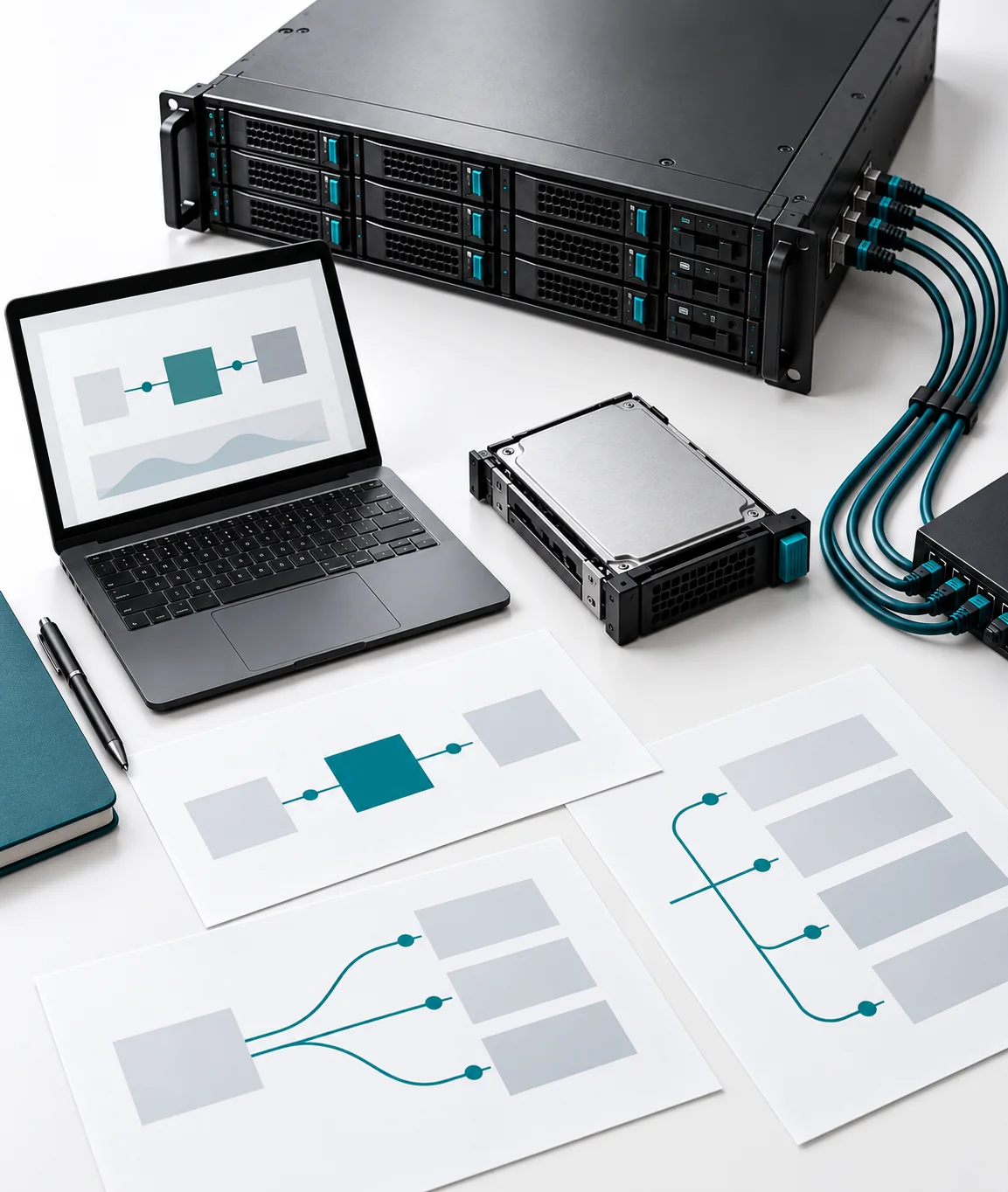 Servidor, portátil y unidad de almacenamiento junto a diagramas esquemáticos de conexión y organización del hosting.