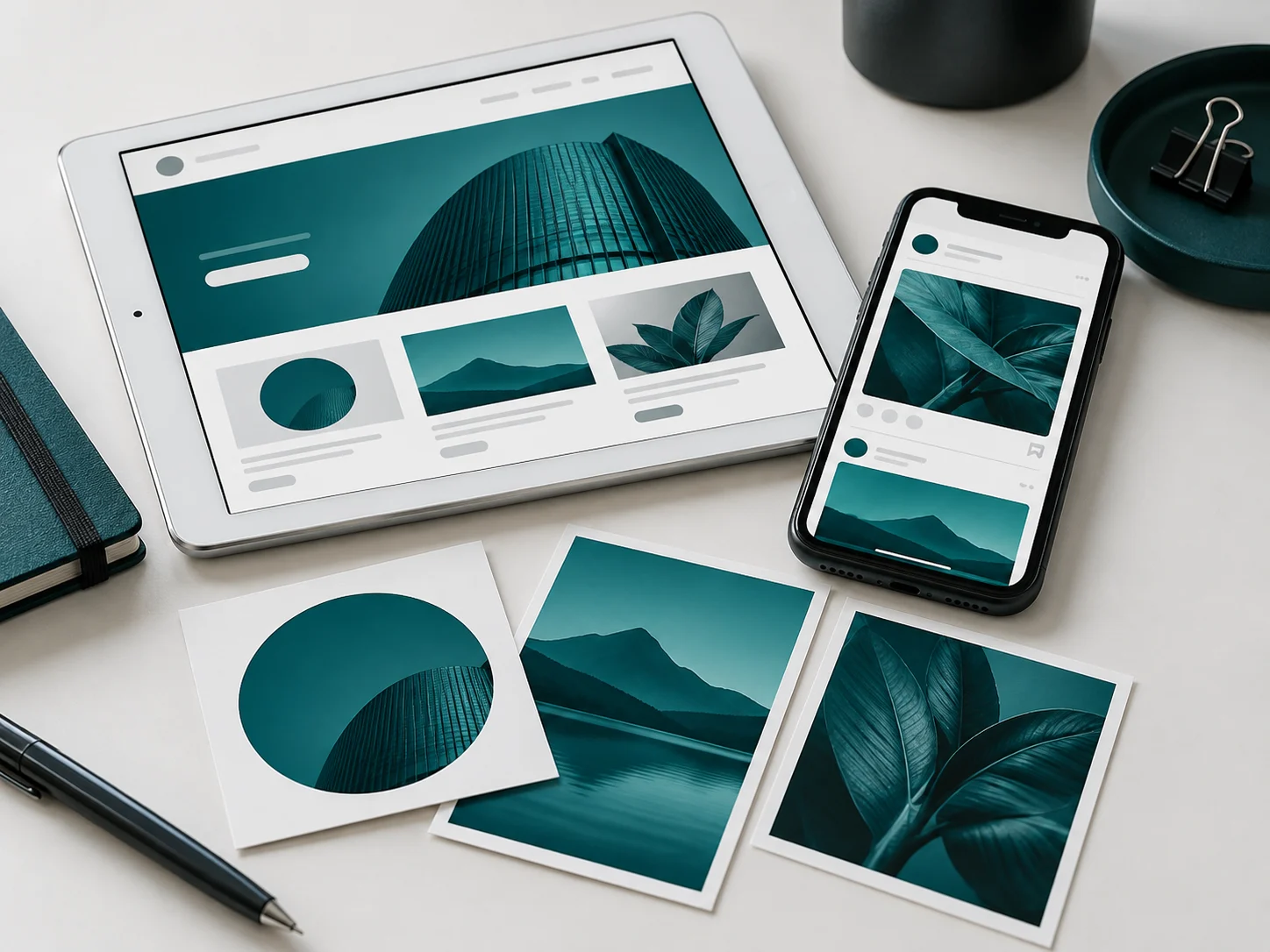 Formatos de una campaña Ilustración de tarjetas gráficas y pantallas de tableta y móvil con composiciones coordinadas.