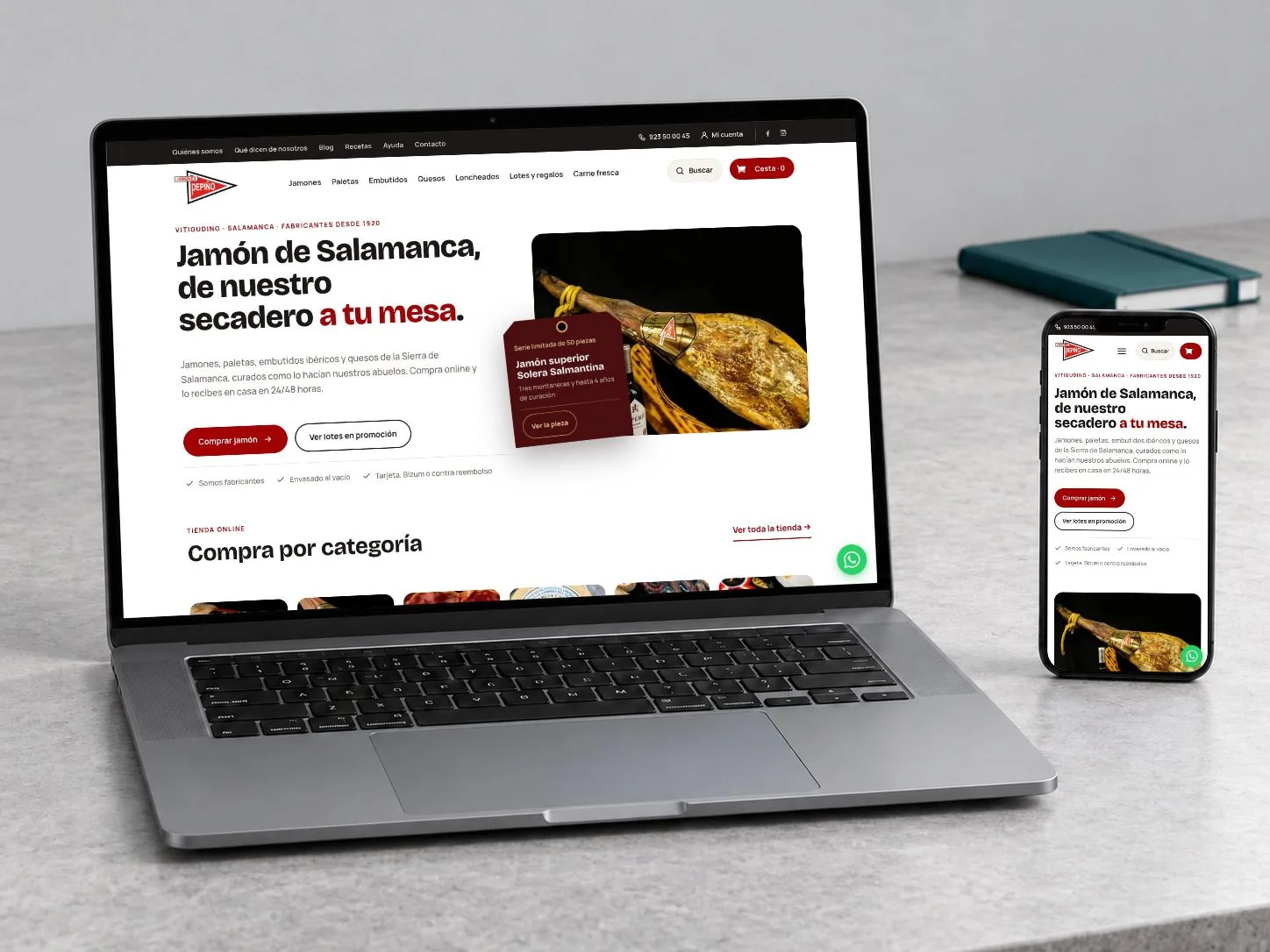 Capturas reales de la web de Jamones Pepiño presentadas en un MacBook y un iPhone